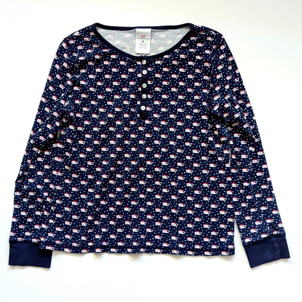 Vineyard Vines Festive Christmas Pajama Henley Top Santa Whale Navy | Women’s M